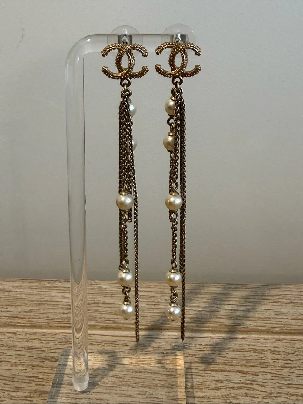 Authentic CHANEL Gold and Ivory Pearl Chain Drop CC Earrings